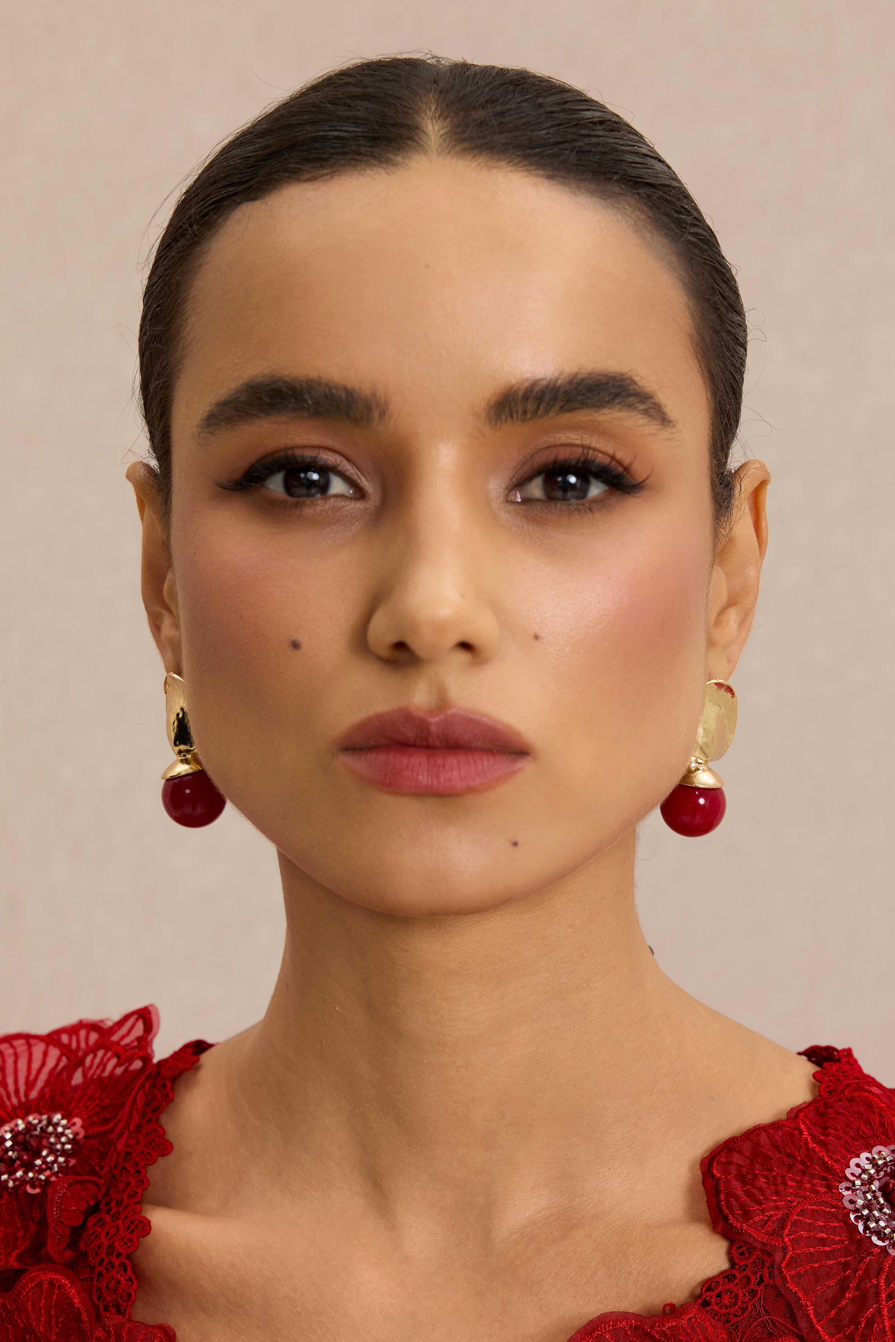 Hammered Gold Disc Red Bead Drop Earrings