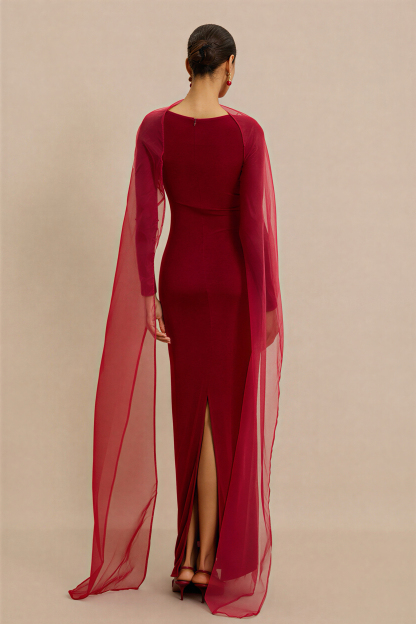Jersey Cape Boat Neck Maxi Dress