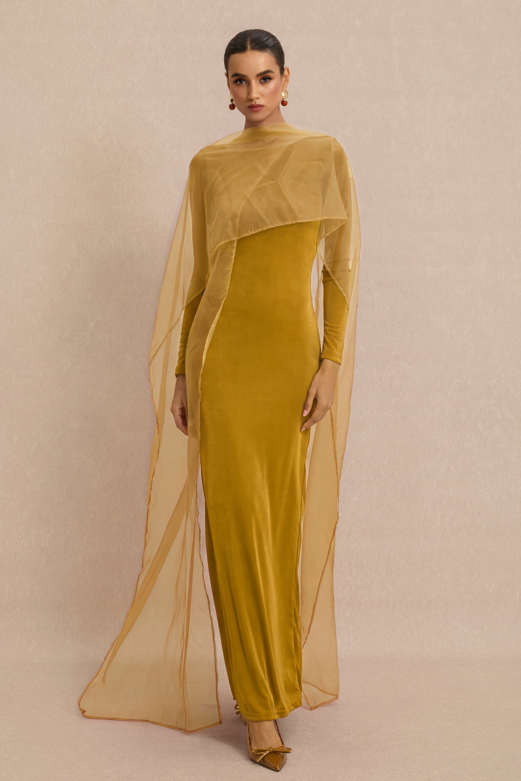 Jersey Cape Boat Neck Maxi Dress