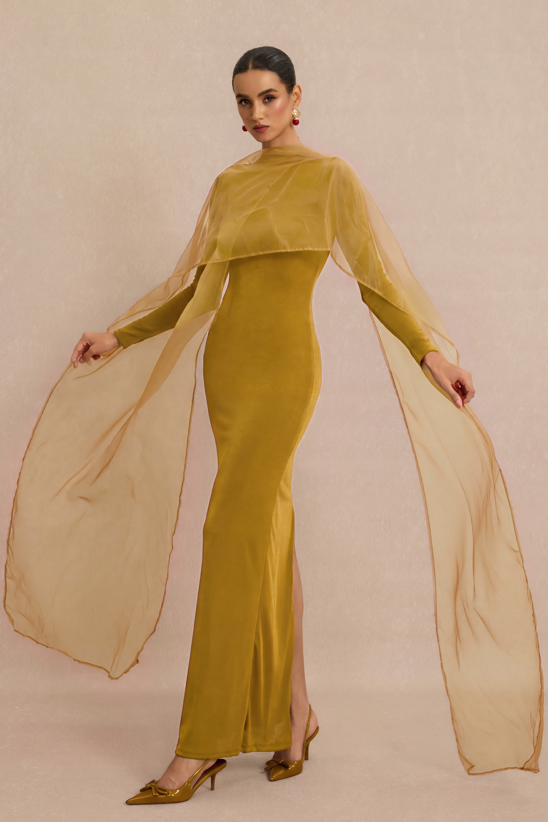 Jersey Cape Boat Neck Maxi Dress