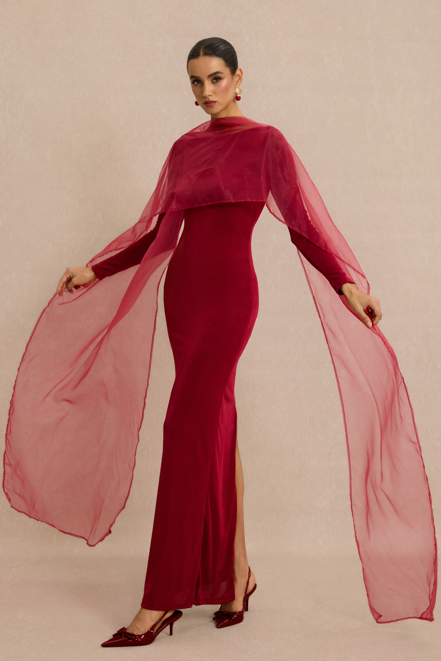 Jersey Cape Boat Neck Maxi Dress