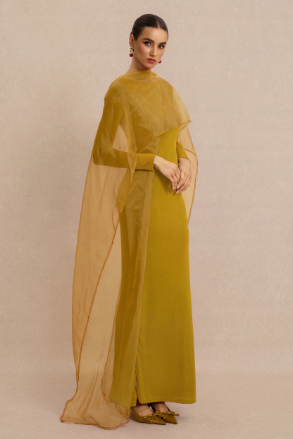 Jersey Cape Boat Neck Maxi Dress