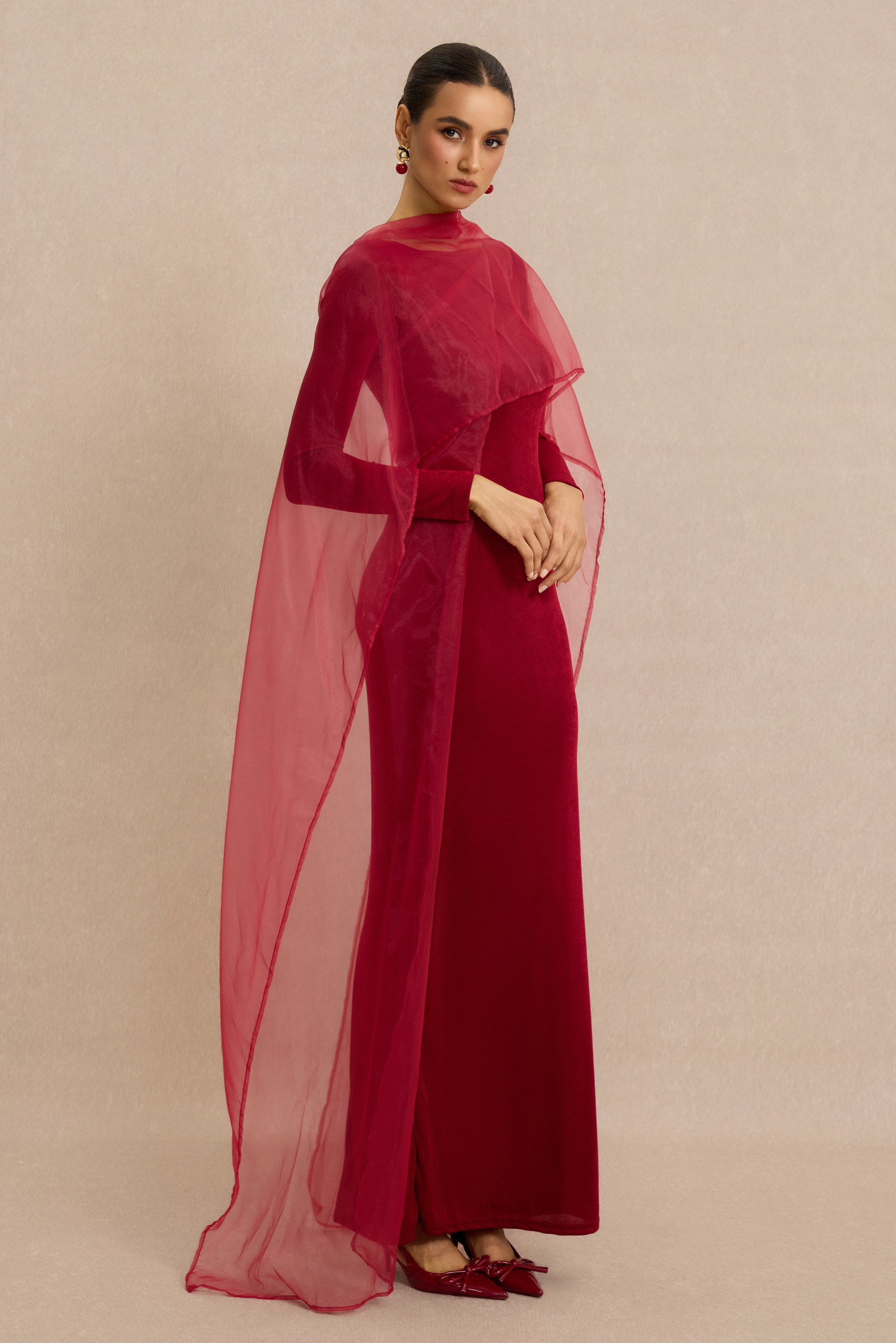 Jersey Cape Boat Neck Maxi Dress