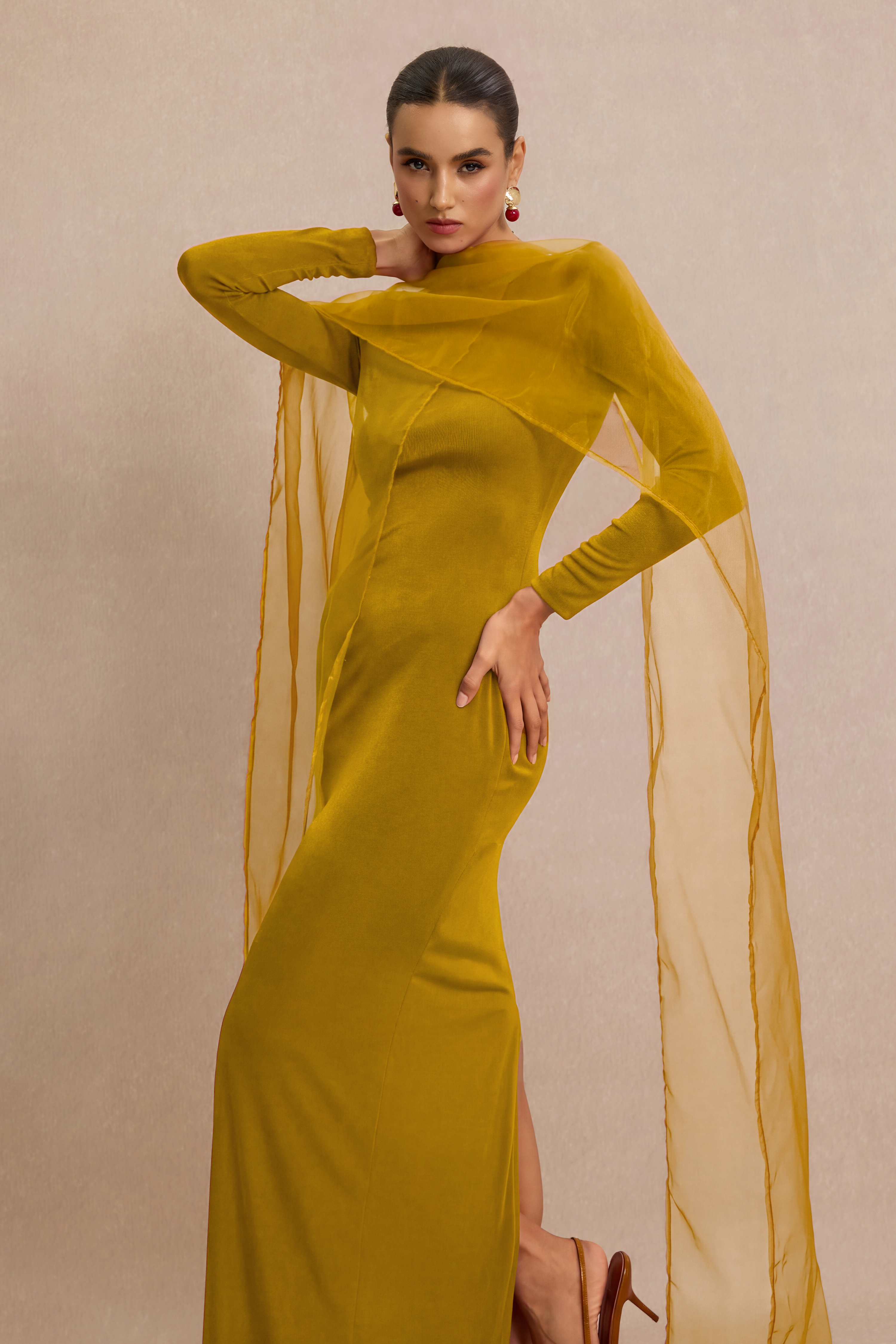 Jersey Cape Boat Neck Maxi Dress