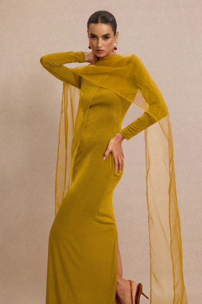 Jersey Cape Boat Neck Maxi Dress