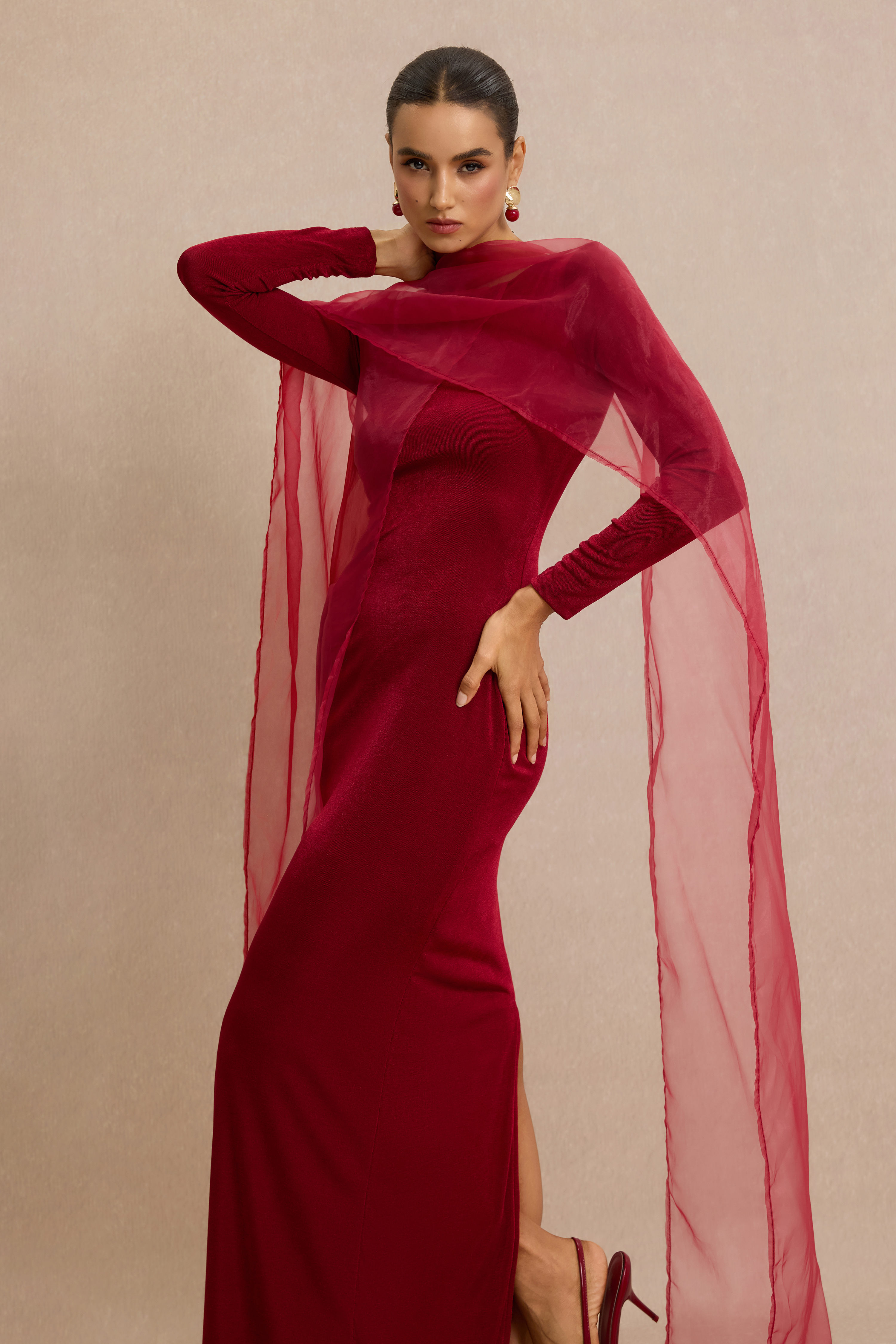 Jersey Cape Boat Neck Maxi Dress
