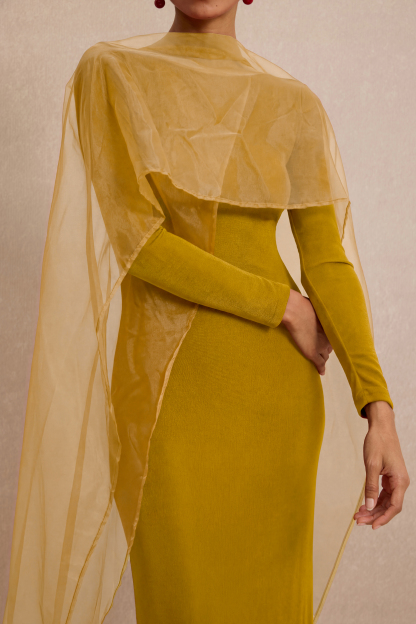 Jersey Cape Boat Neck Maxi Dress