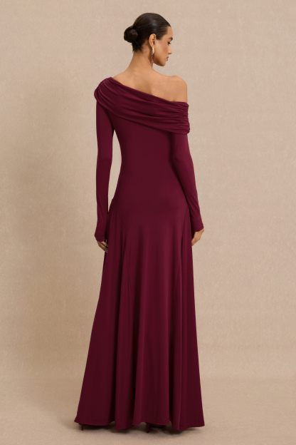 Solid Skew Collar Gathering Maxi Dress