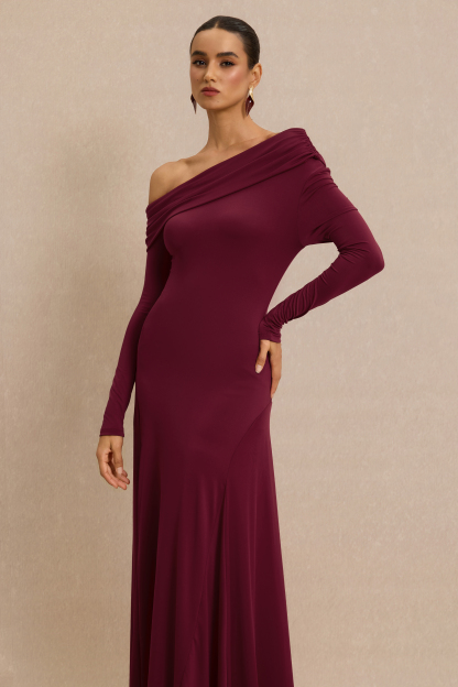 Solid Skew Collar Gathering Maxi Dress