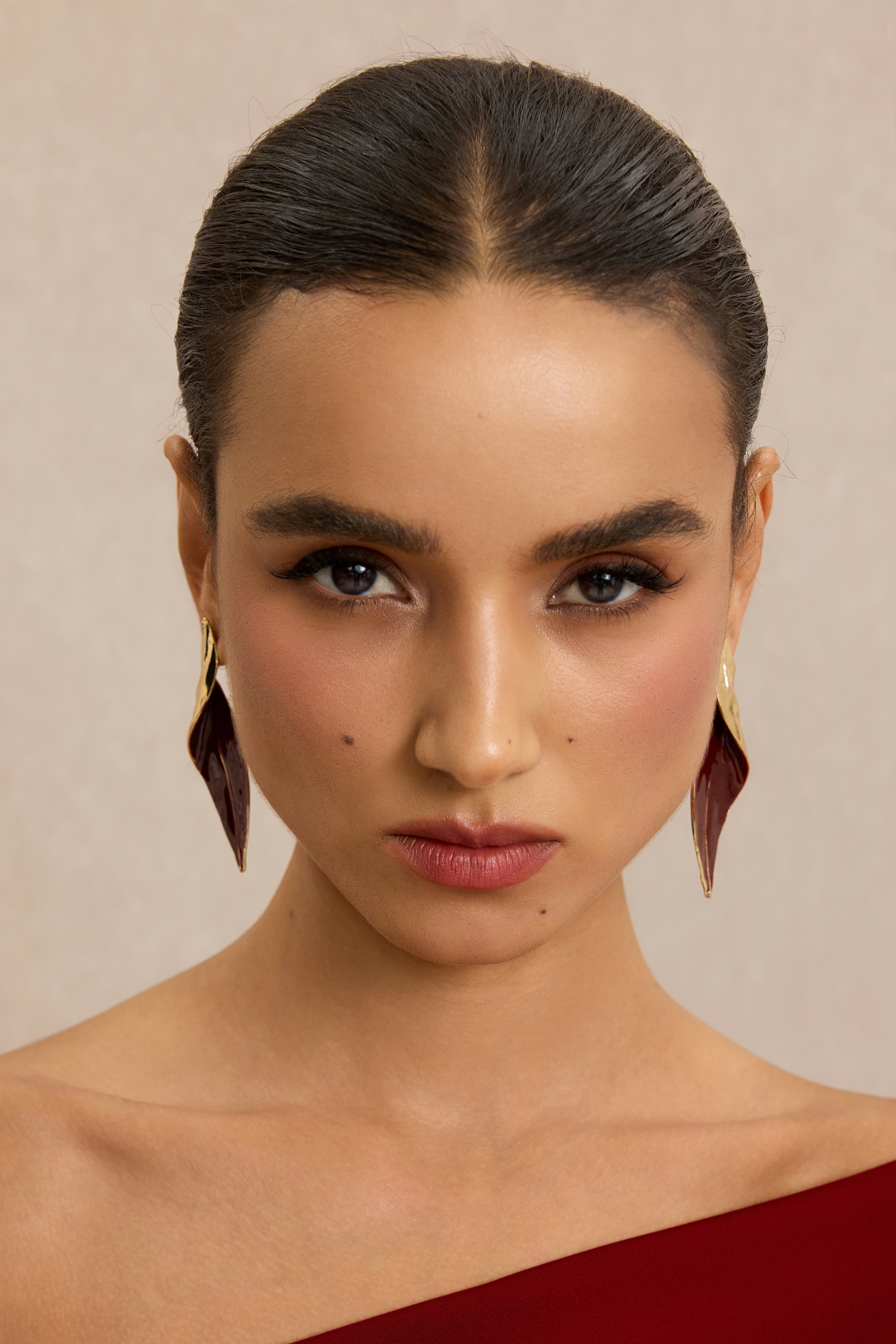 Twisted Gold Burgundy Enamel Leaf Drop Earrings