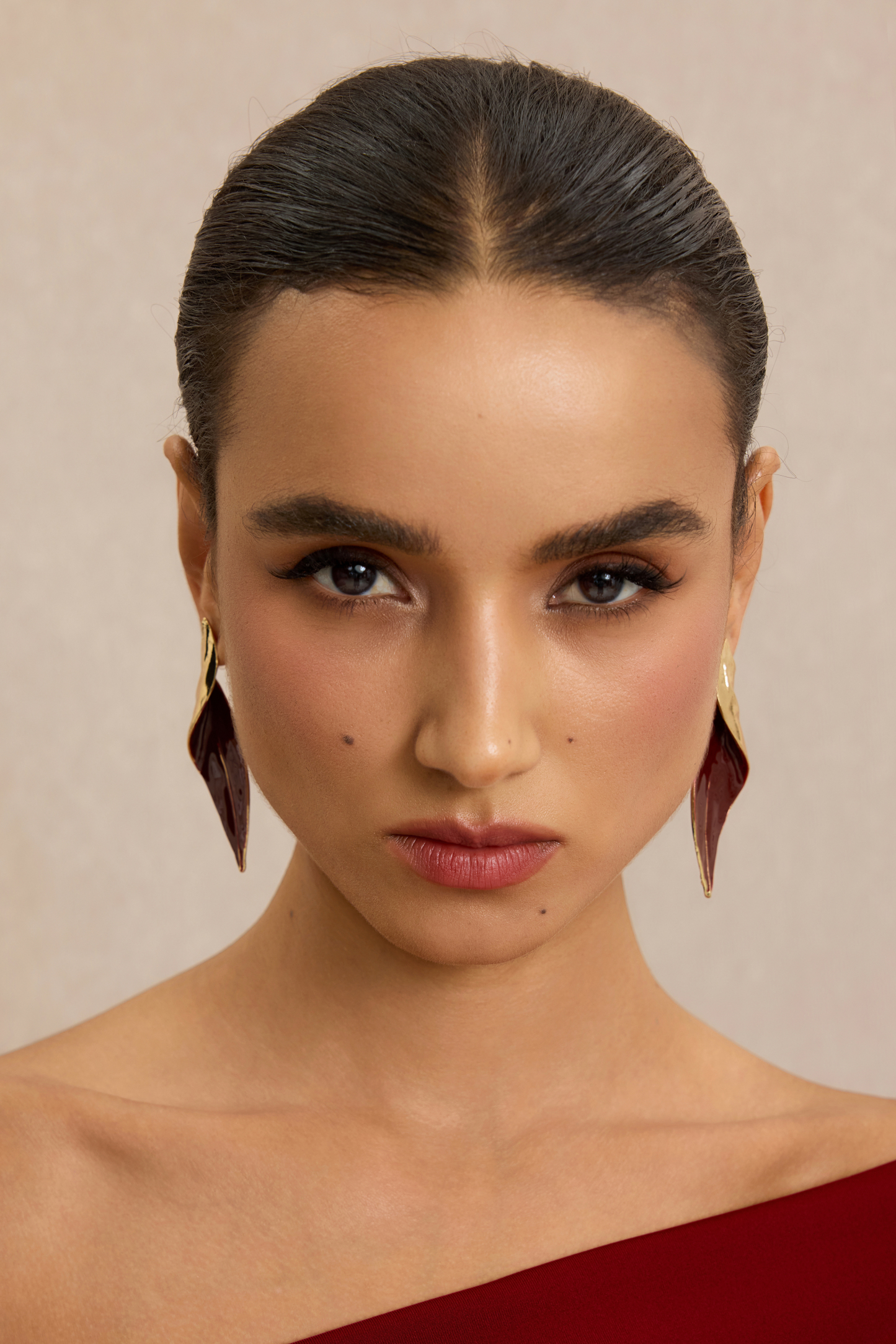 Twisted Gold Burgundy Enamel Leaf Drop Earrings