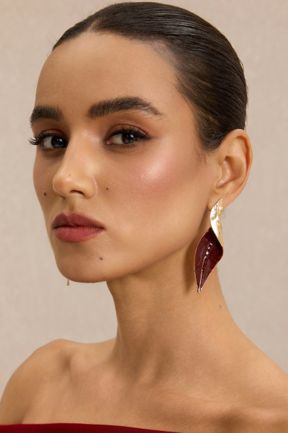 Twisted Gold Burgundy Enamel Leaf Drop Earrings