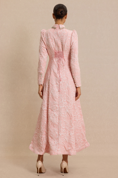 Jacquard Rhinestone Tie-Up Midi Dress