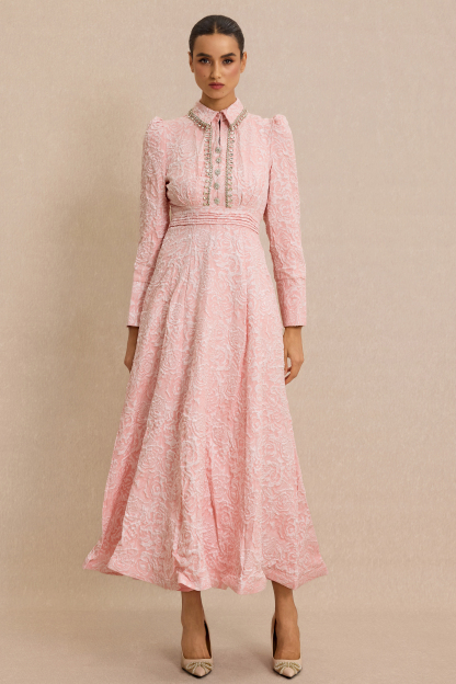 Jacquard Rhinestone Tie-Up Midi Dress