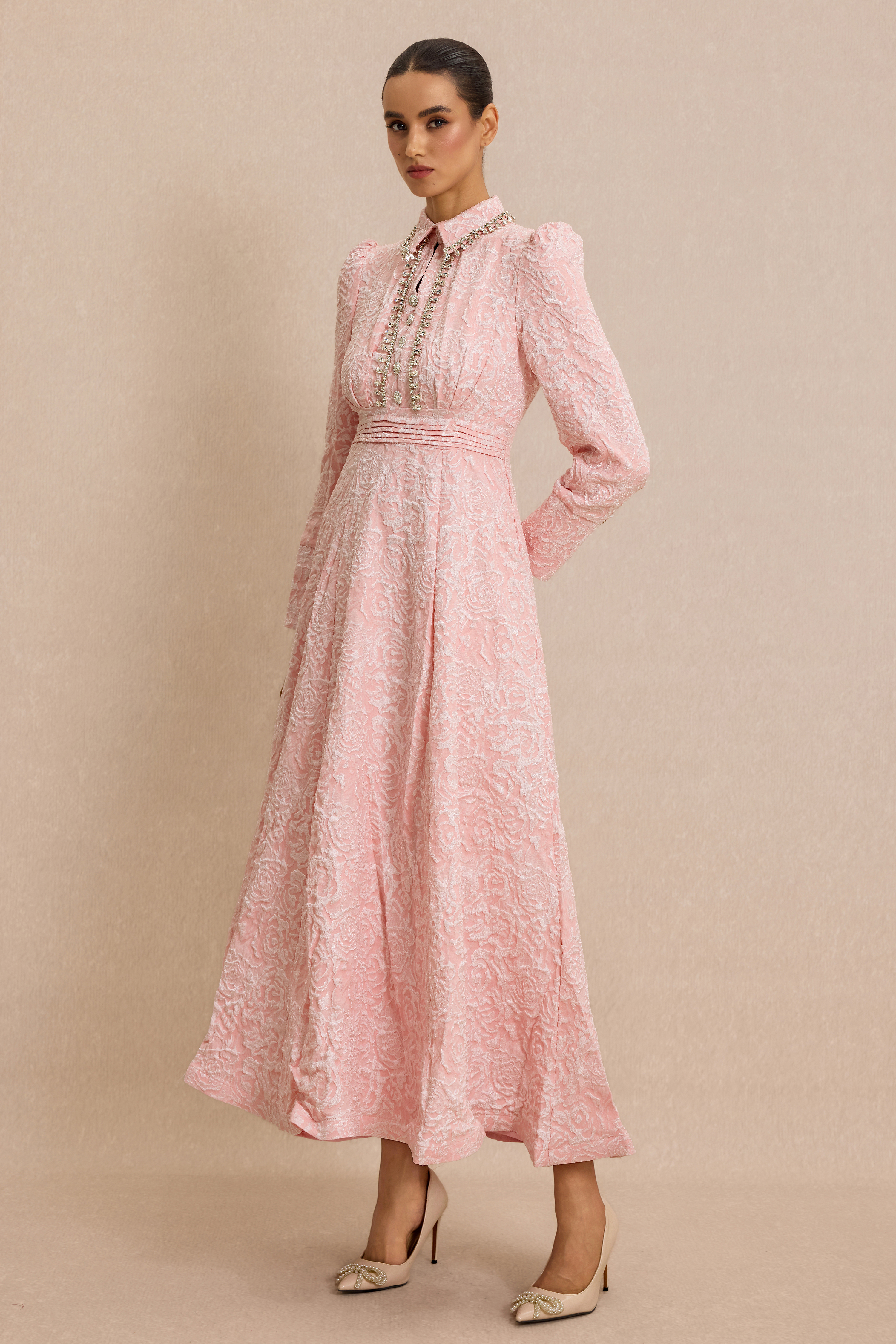 Jacquard Rhinestone Tie-Up Midi Dress