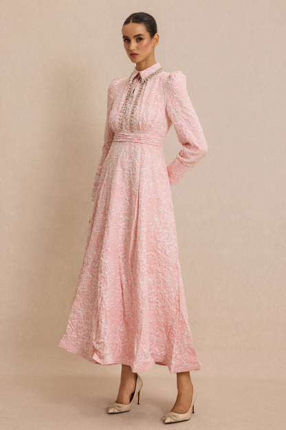 Jacquard Rhinestone Tie-Up Midi Dress