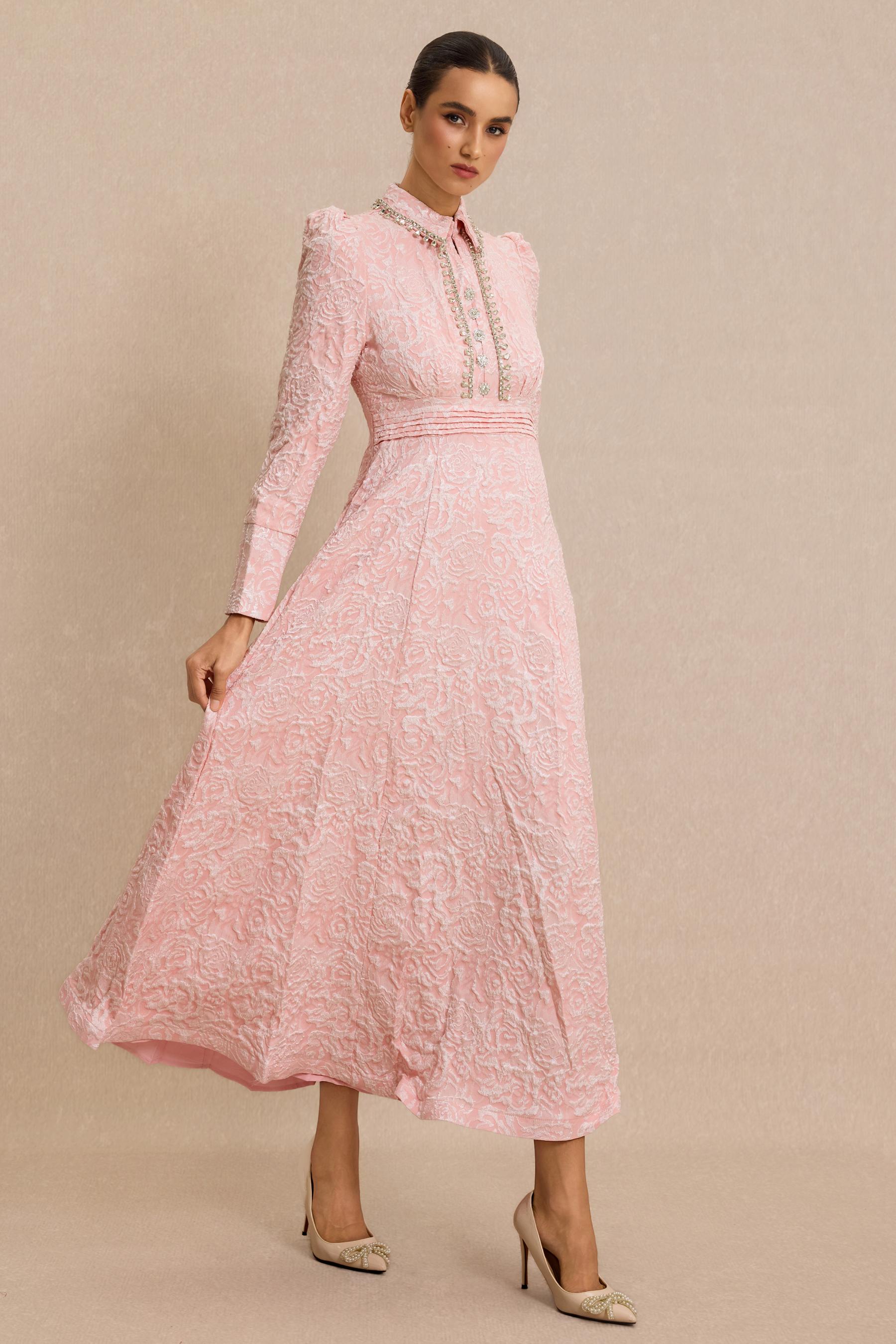 Jacquard Rhinestone Tie-Up Midi Dress