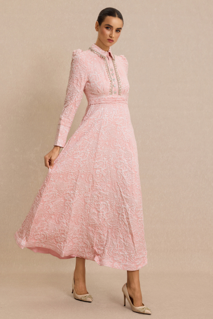 Jacquard Rhinestone Tie-Up Midi Dress