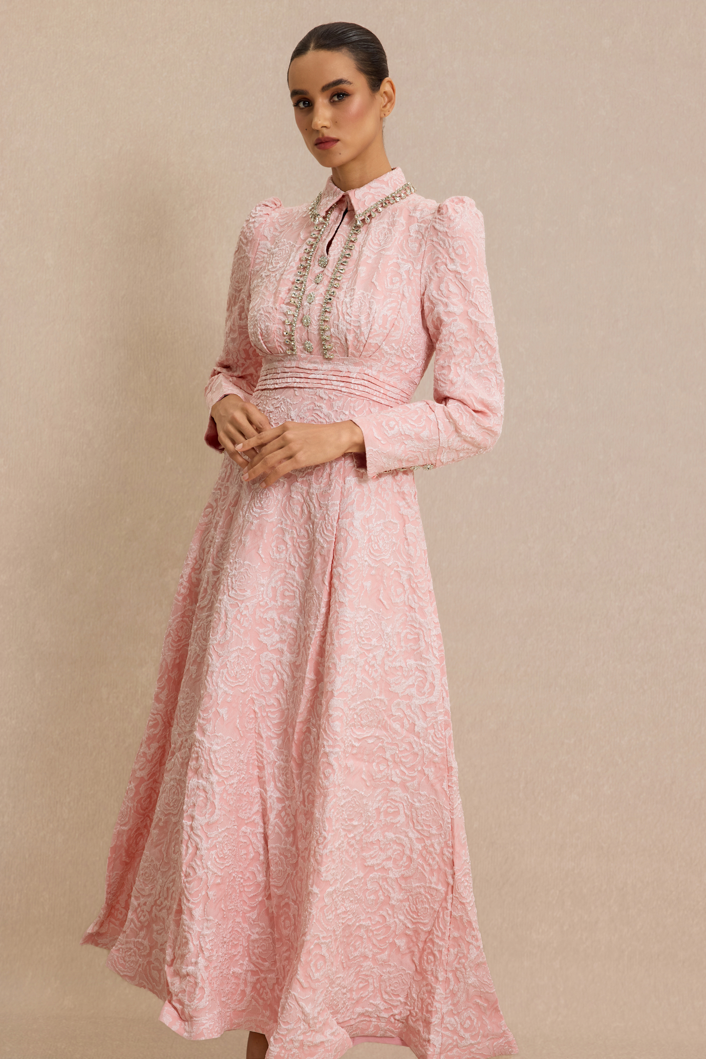 Jacquard Rhinestone Tie-Up Midi Dress