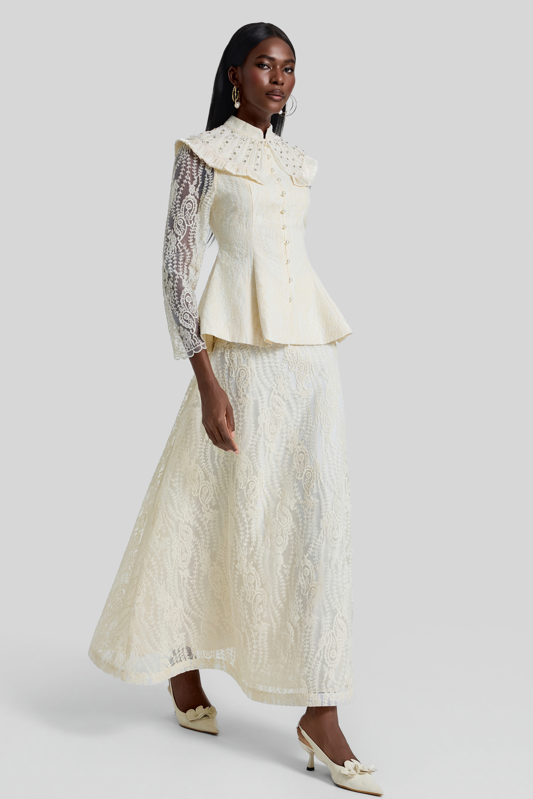Rhinestone Ruffle Button Top & High Waist Maxi Skirt Set