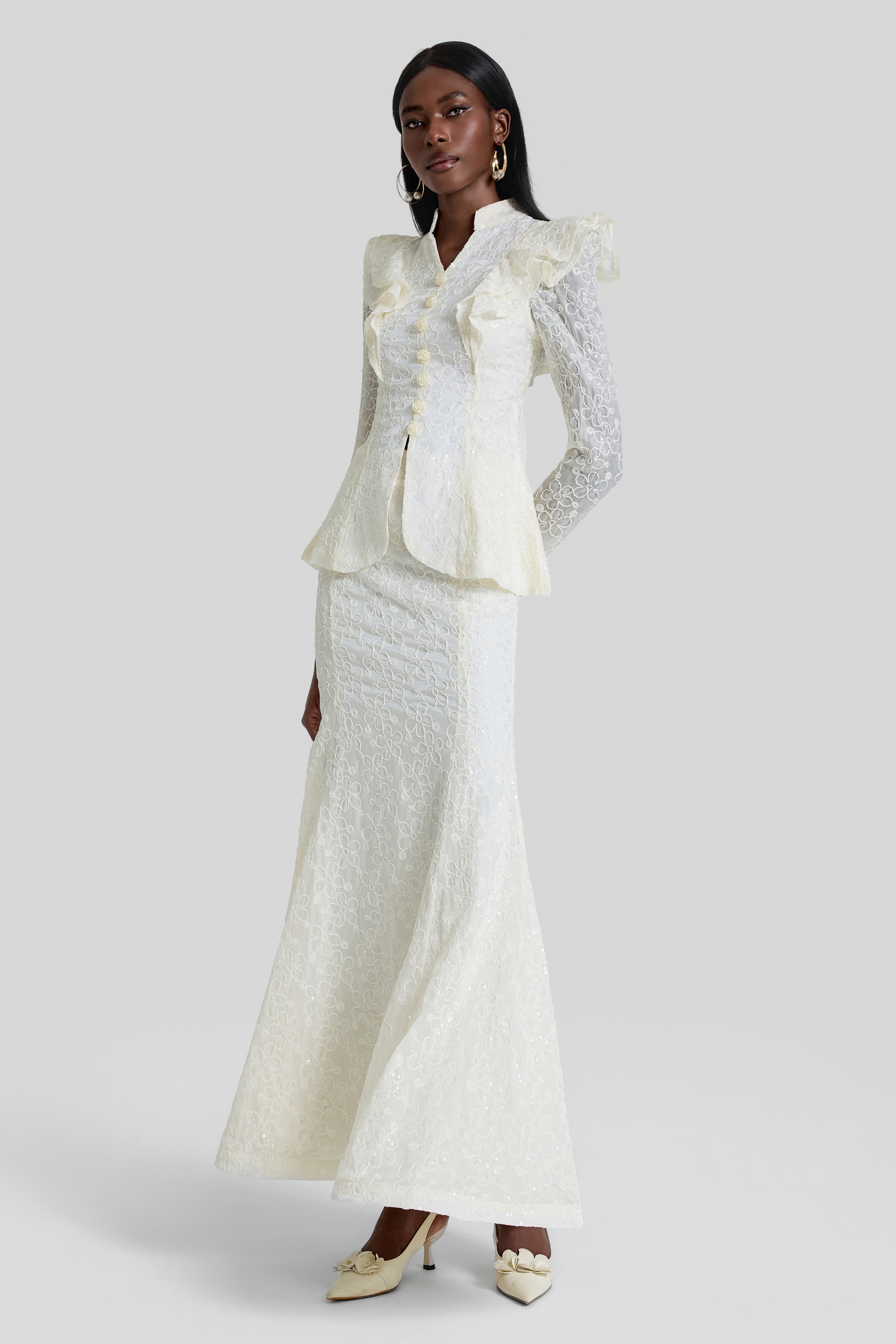 Embroidered Ruffle Top & High Waist Maxi Skirt Set