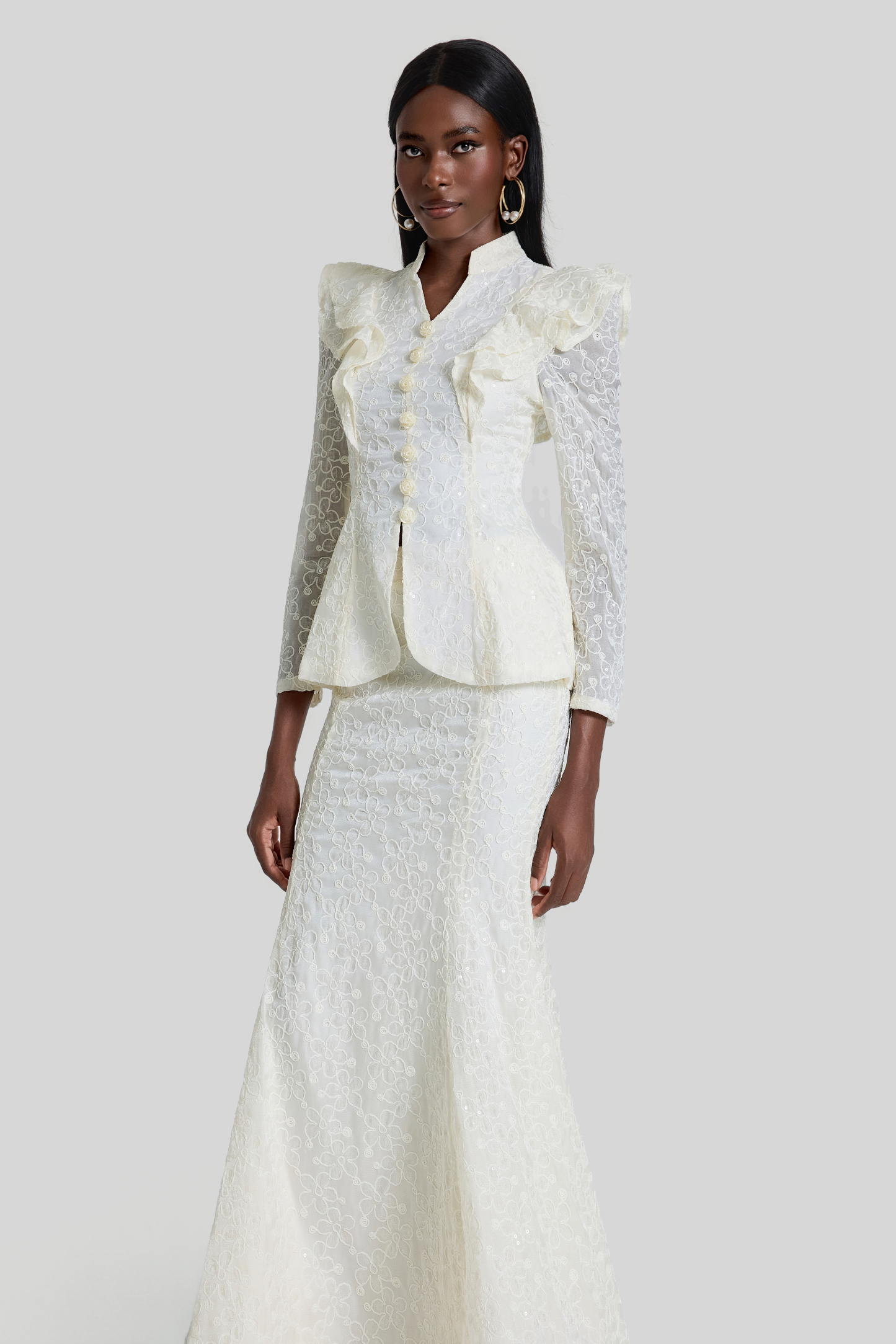 Embroidered Ruffle Top & High Waist Maxi Skirt Set