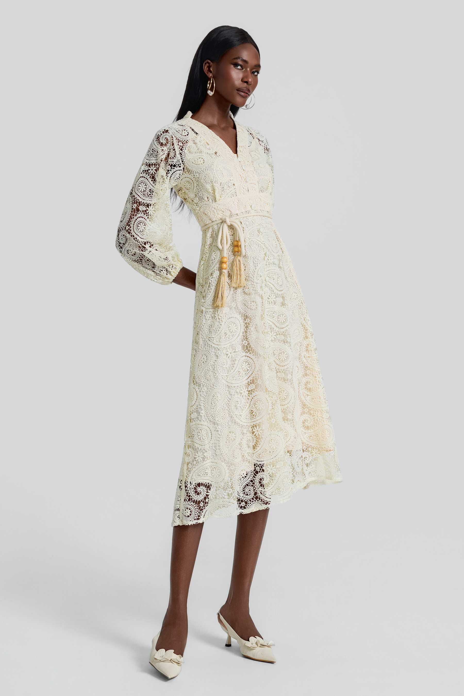 Lace Lantern Sleeve Lace Up Midi Dress