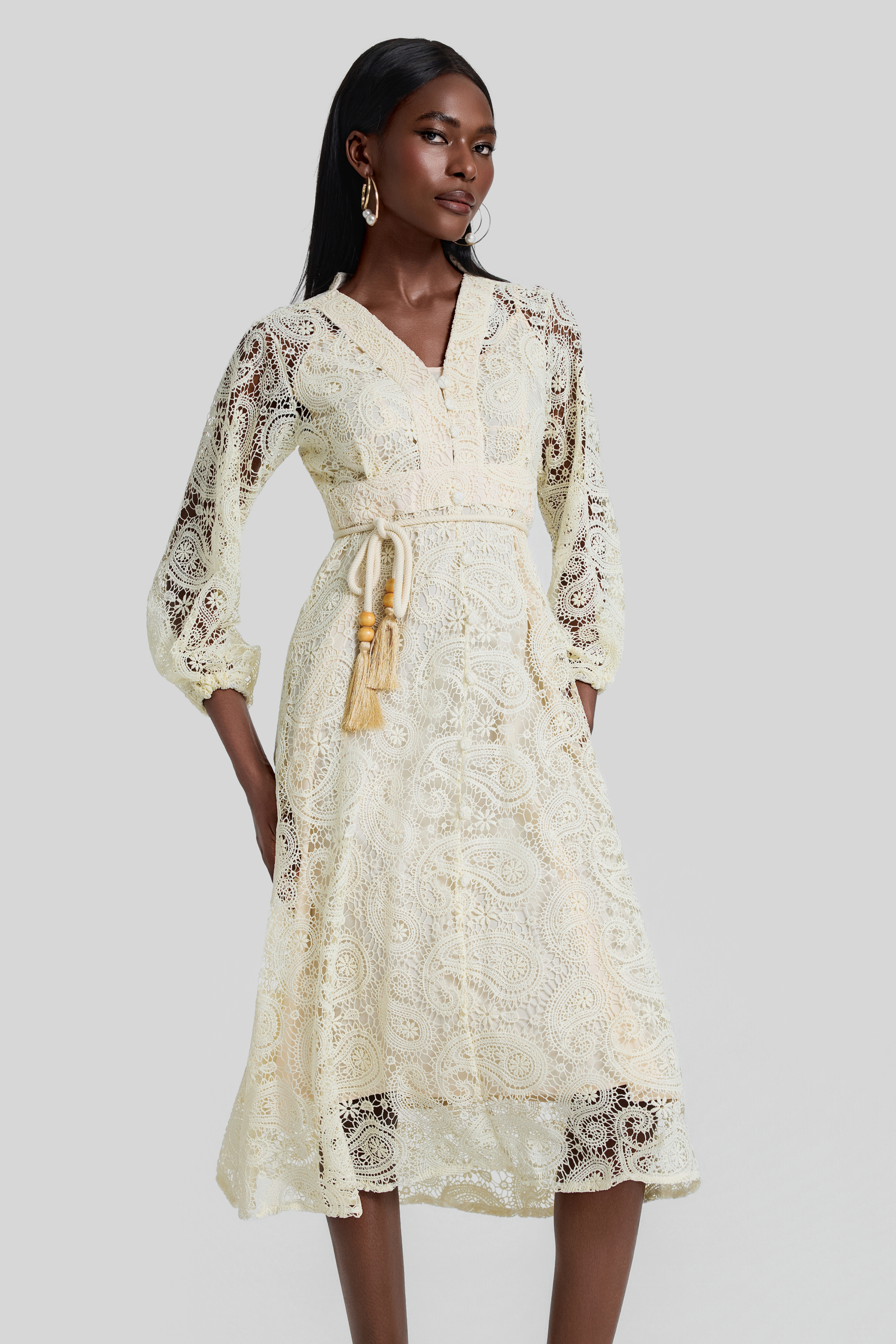 Lace Lantern Sleeve Lace Up Midi Dress