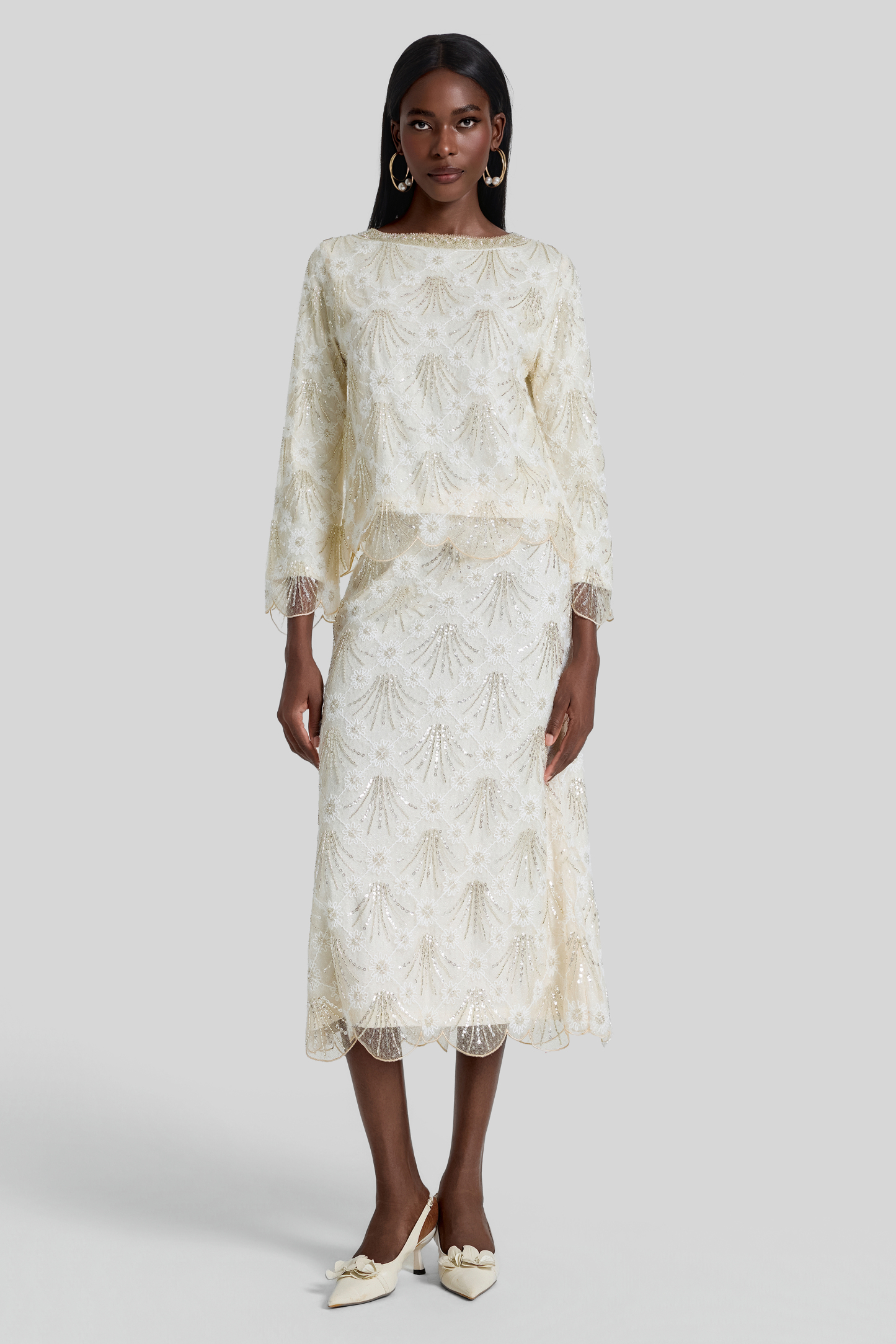 Nail Bead Embroidery Top & Low Waist Midi Skirt Set