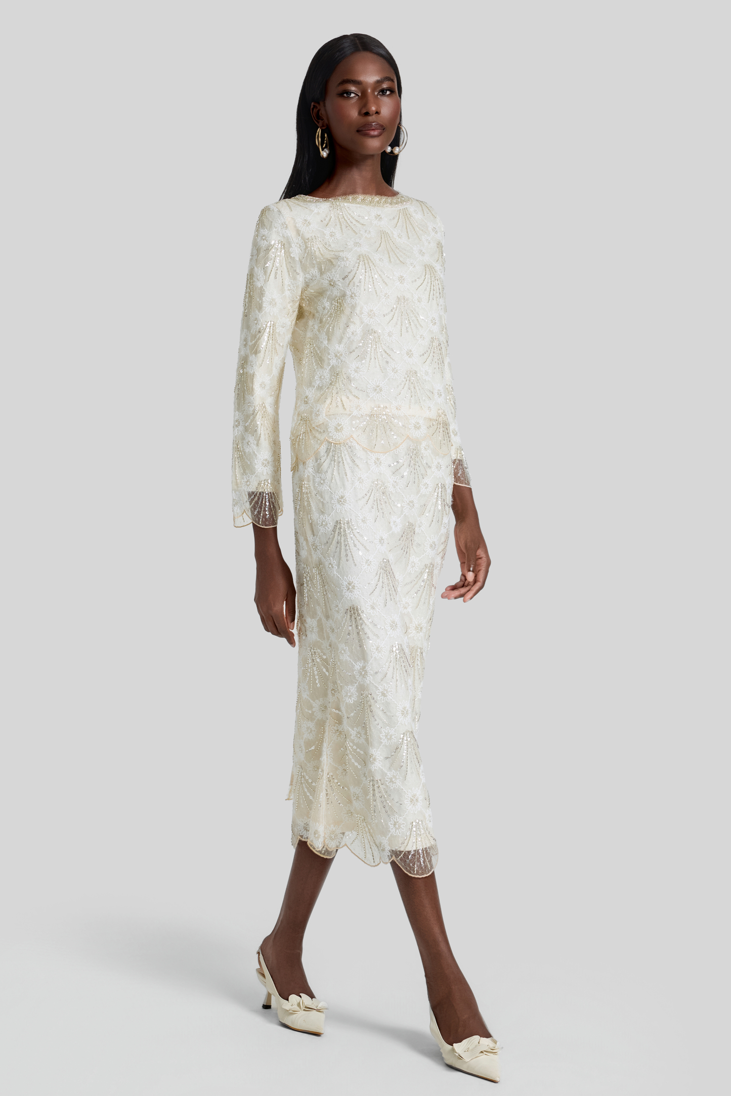 Nail Bead Embroidery Top & Low Waist Midi Skirt Set