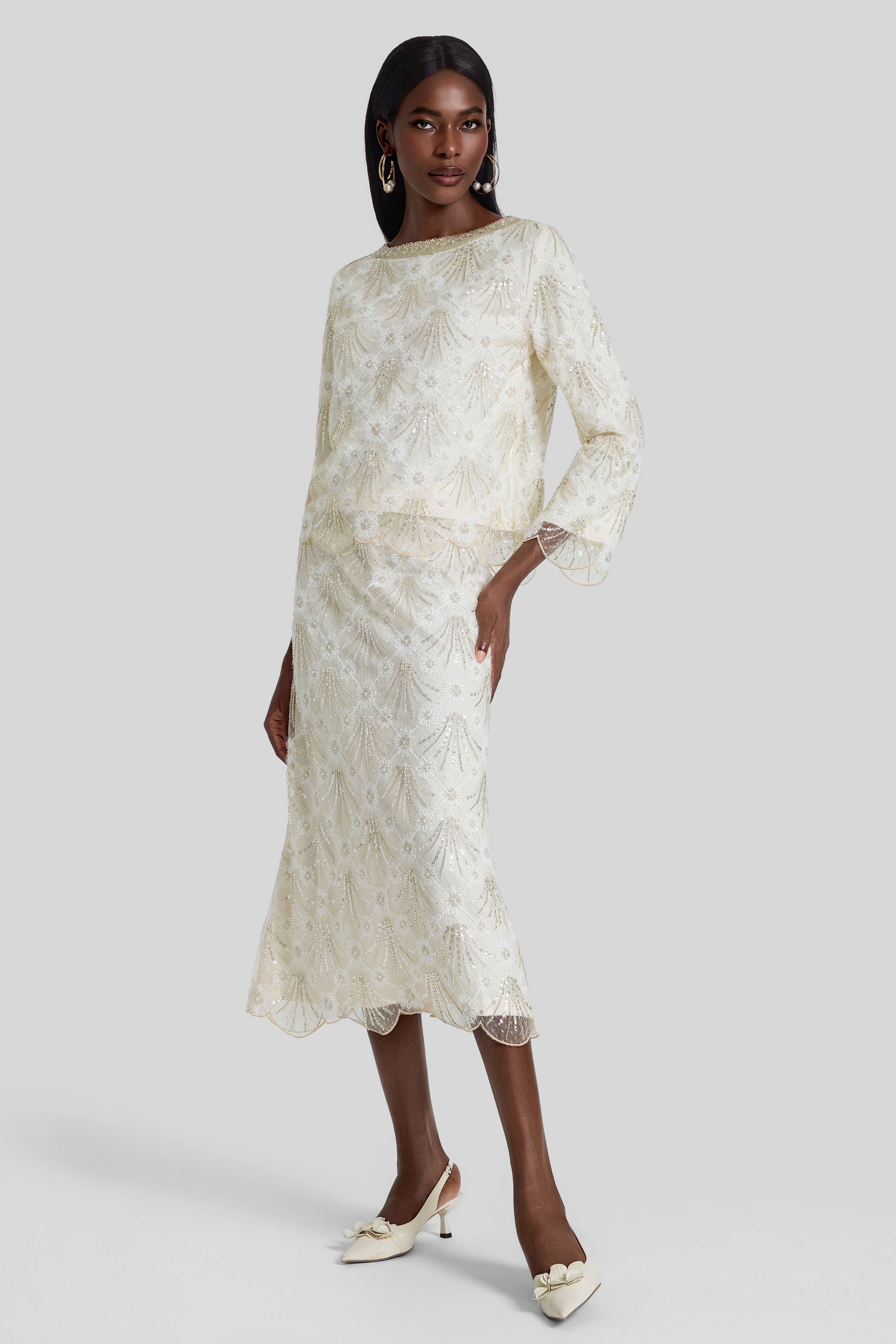 Nail Bead Embroidery Top & Low Waist Midi Skirt Set