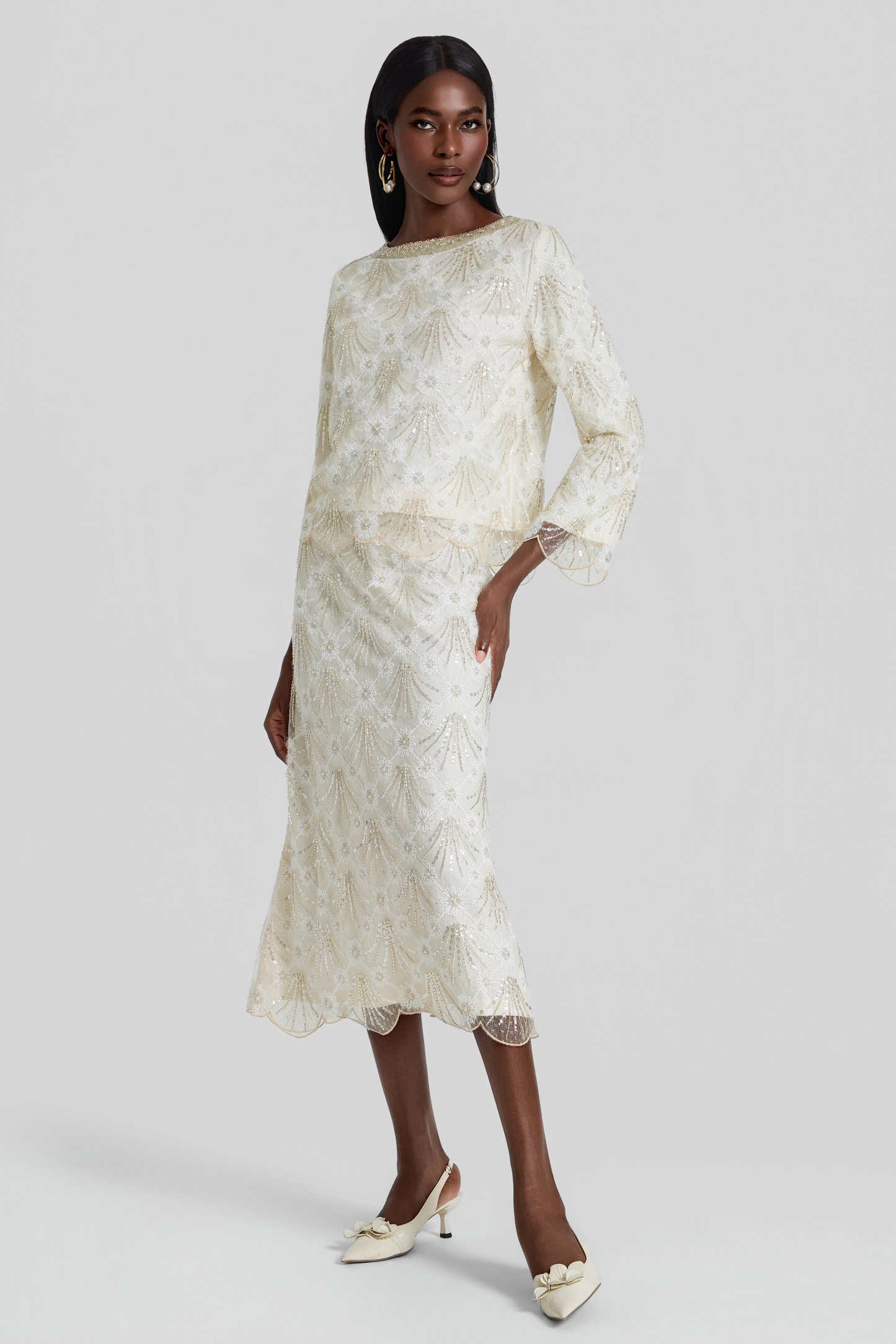 Nail Bead Embroidery Top & Low Waist Midi Skirt Set