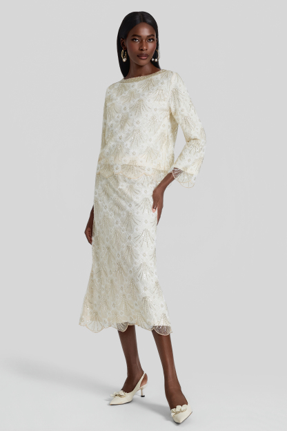 Nail Bead Embroidery Top & Low Waist Midi Skirt Set