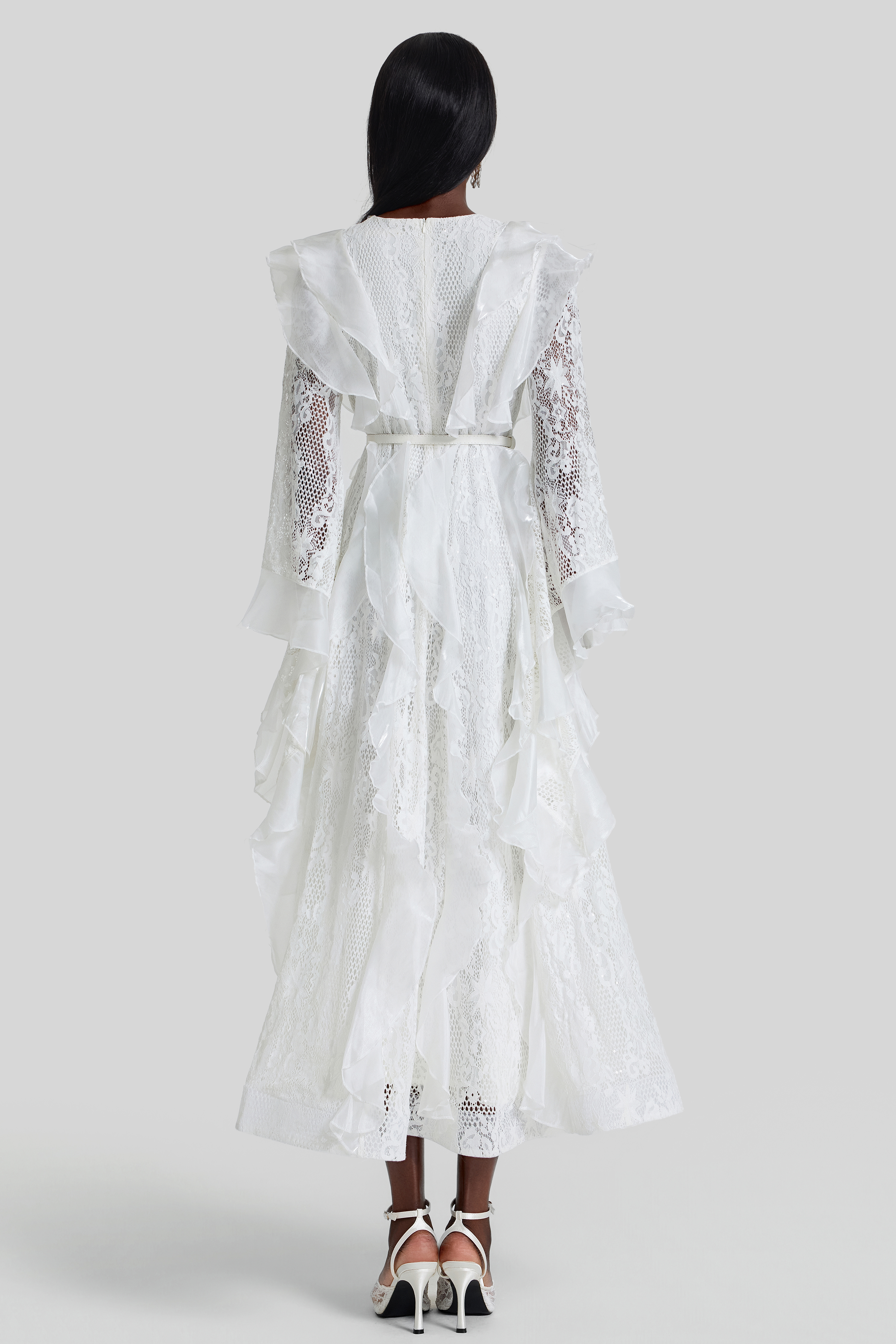 Lace Ruffle Embroidered Midi Dress With Belt