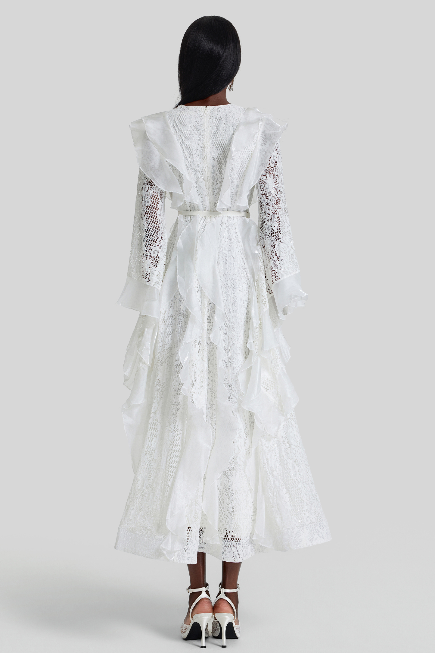Lace Ruffle Embroidered Midi Dress With Belt
