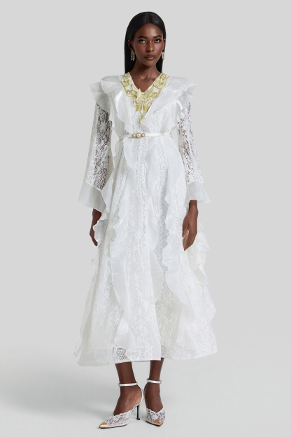 Lace Ruffle Embroidered Midi Dress With Belt