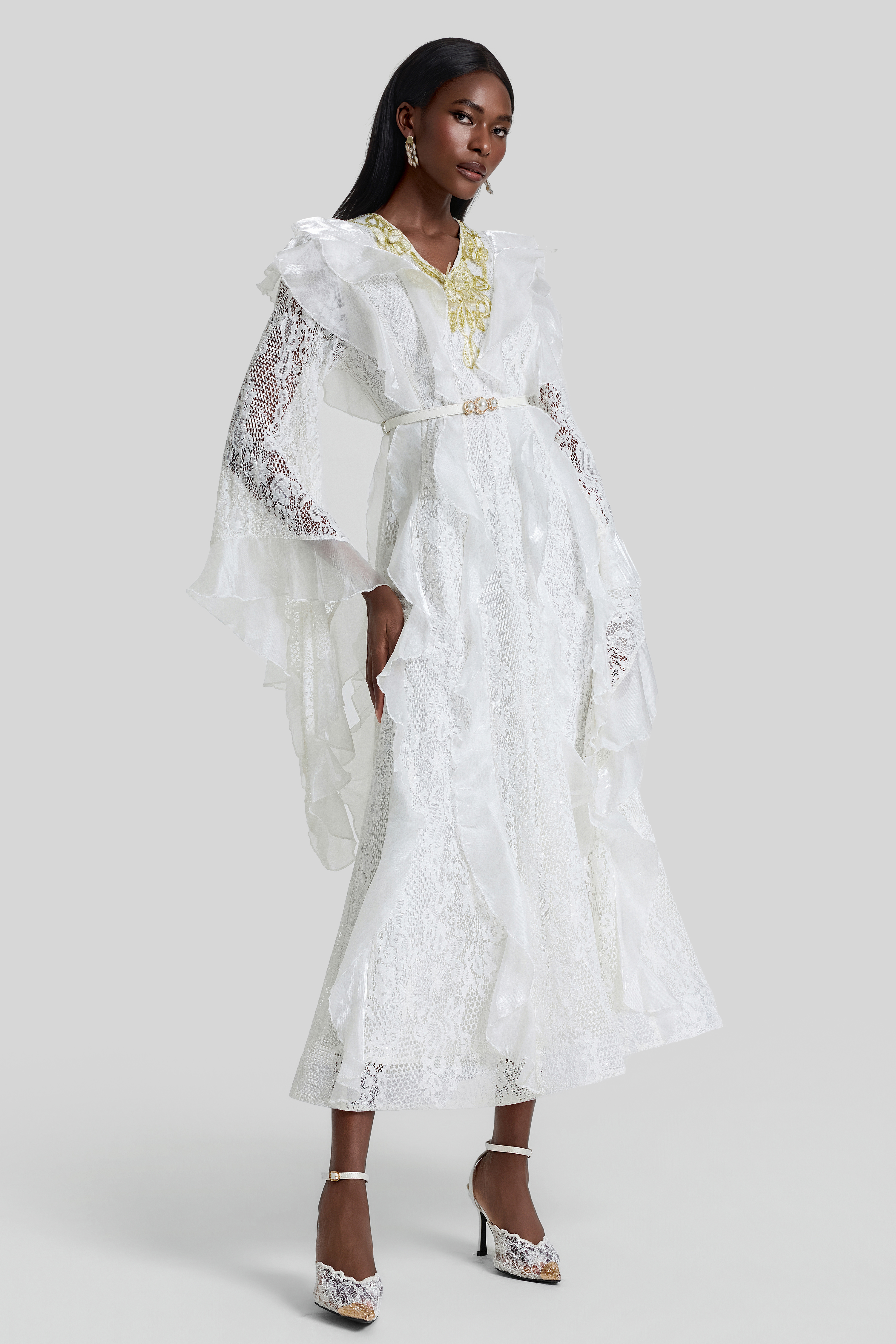 Lace Ruffle Embroidered Midi Dress With Belt