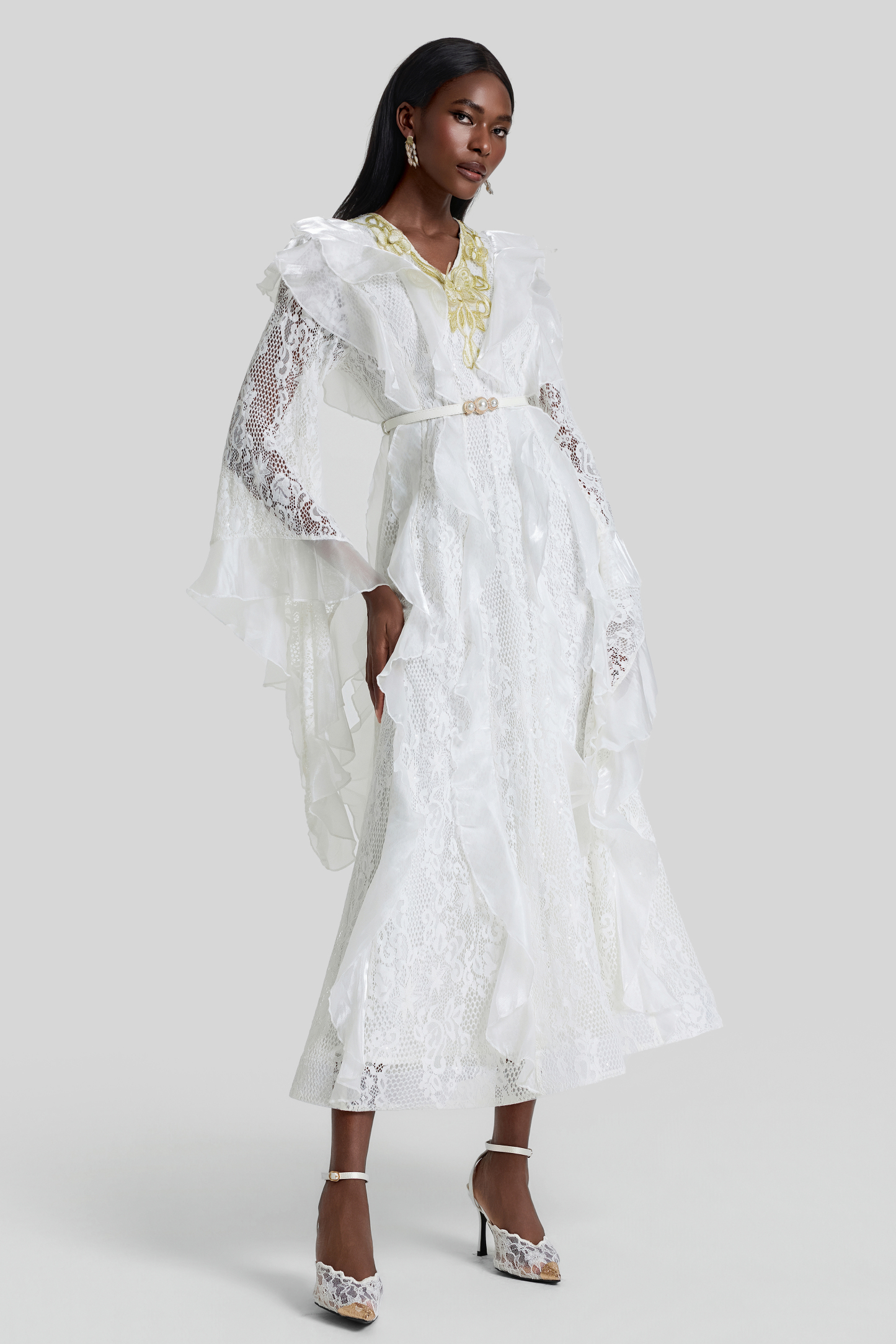 Lace Ruffle Embroidered Midi Dress With Belt