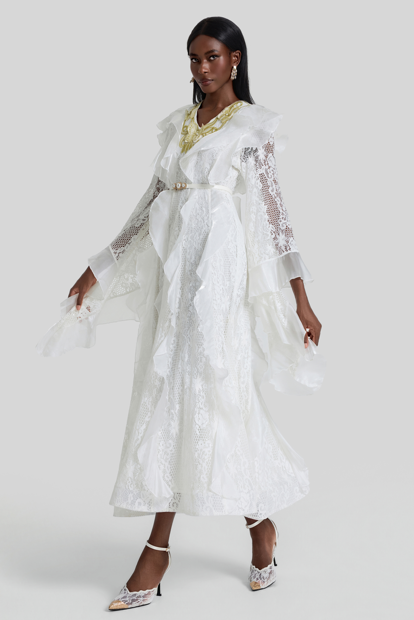 Lace Ruffle Embroidered Midi Dress With Belt