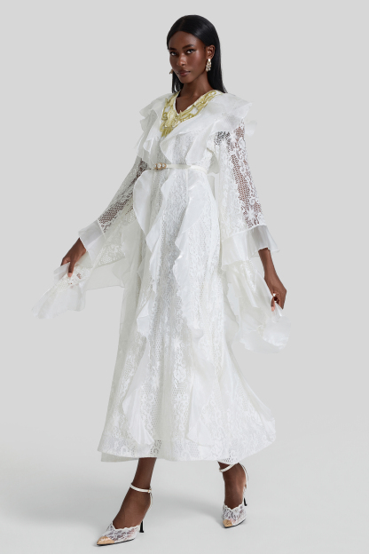 Lace Ruffle Embroidered Midi Dress With Belt