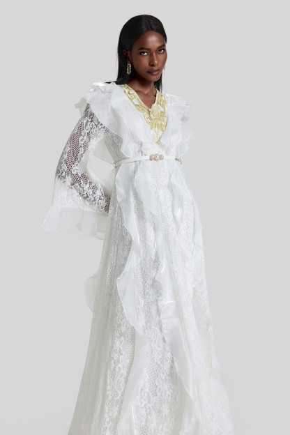 Lace Ruffle Embroidered Midi Dress With Belt