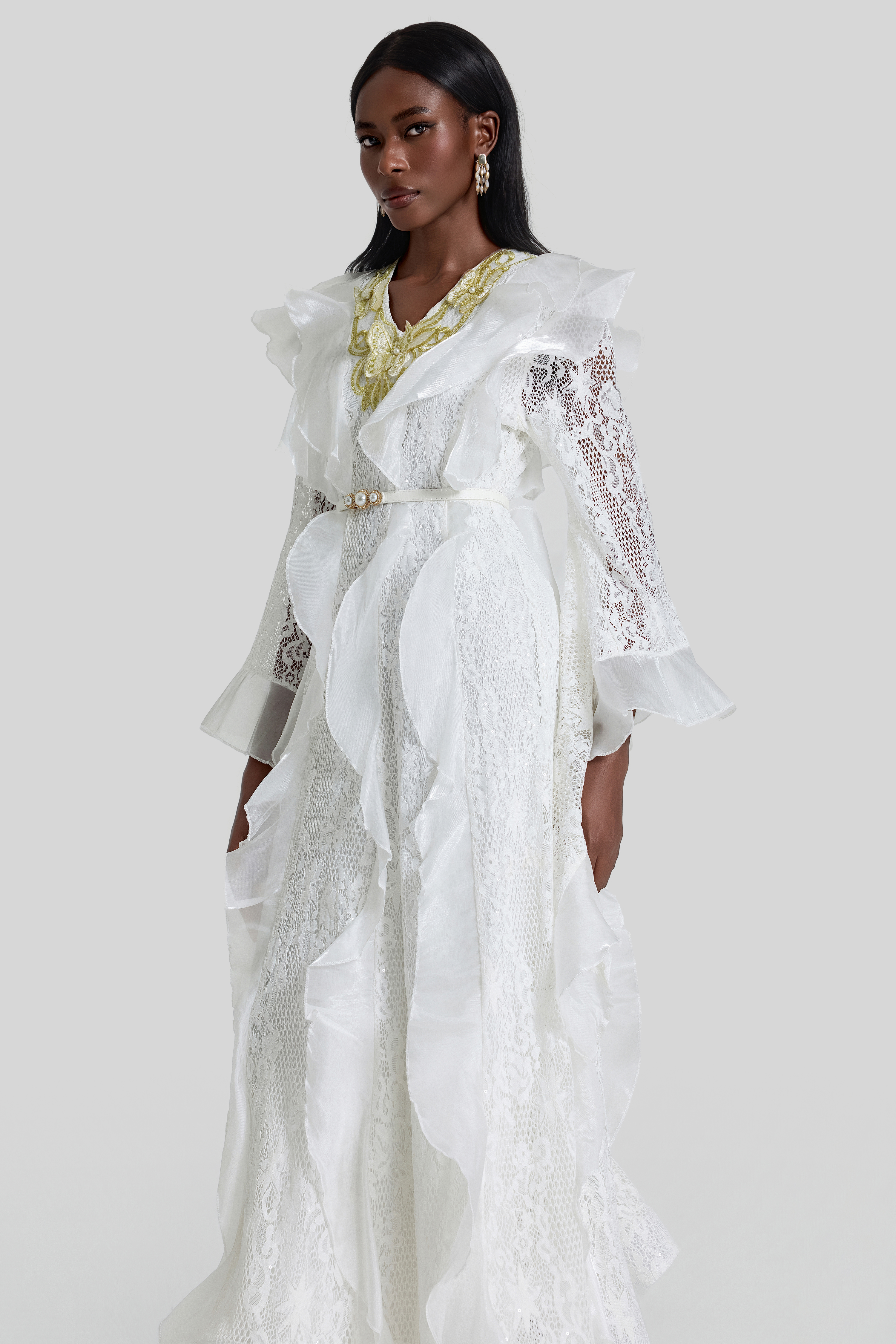 Lace Ruffle Embroidered Midi Dress With Belt
