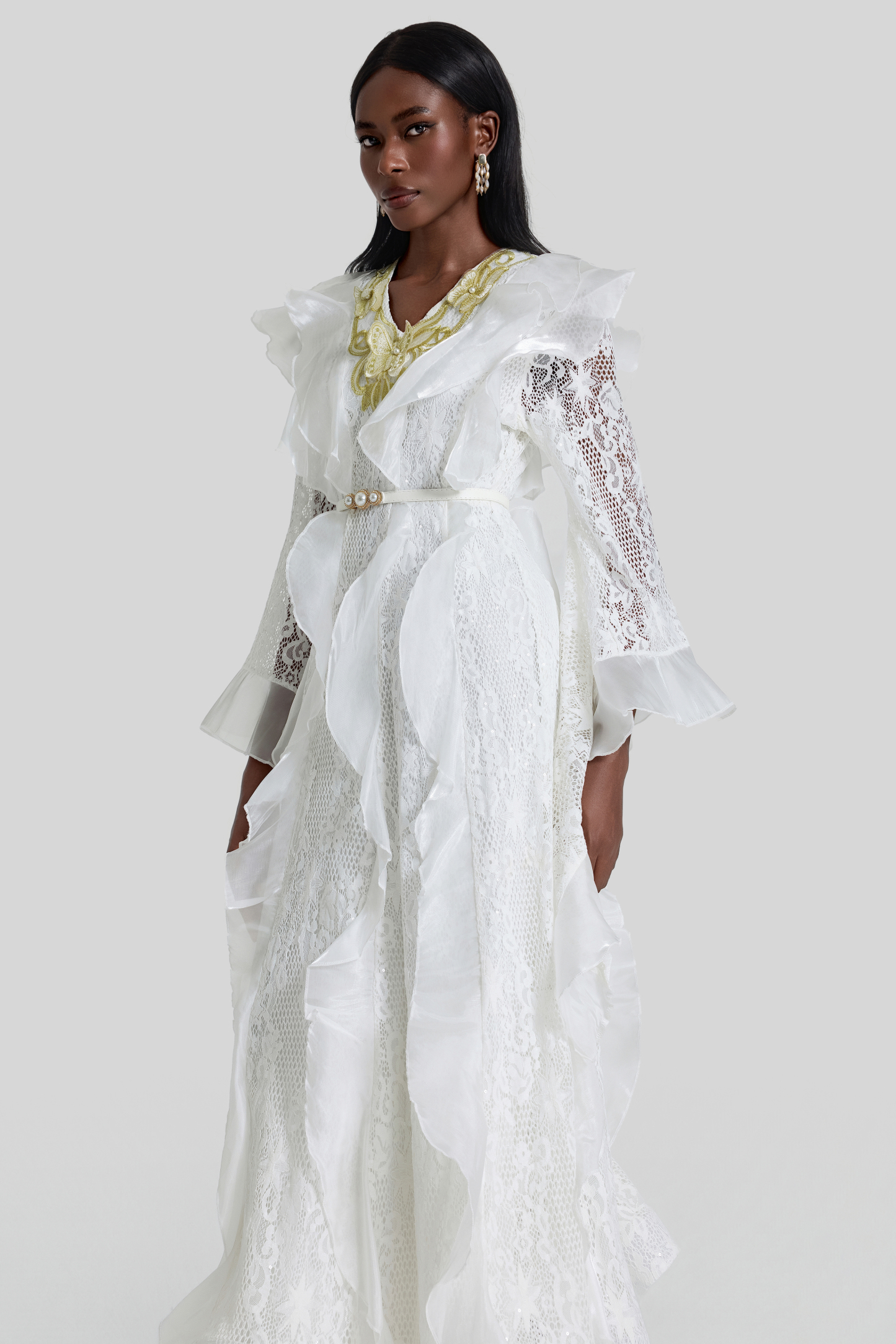 Lace Ruffle Embroidered Midi Dress With Belt