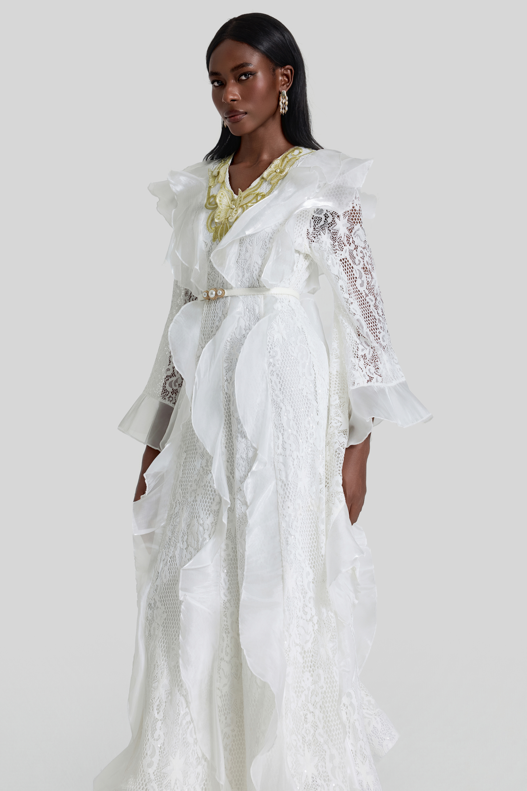 Lace Ruffle Embroidered Midi Dress With Belt