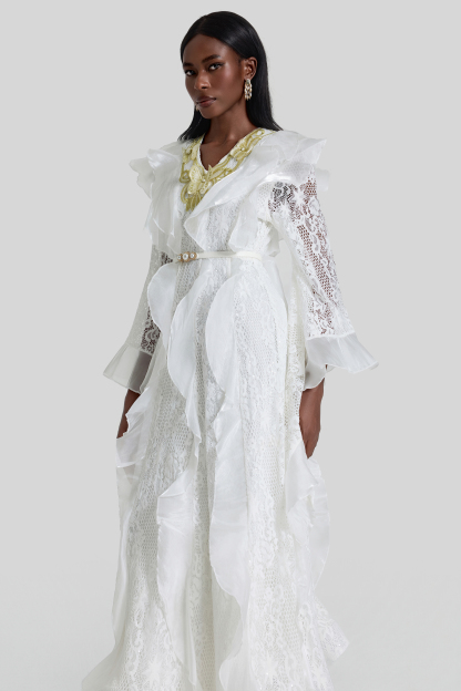 Lace Ruffle Embroidered Midi Dress With Belt