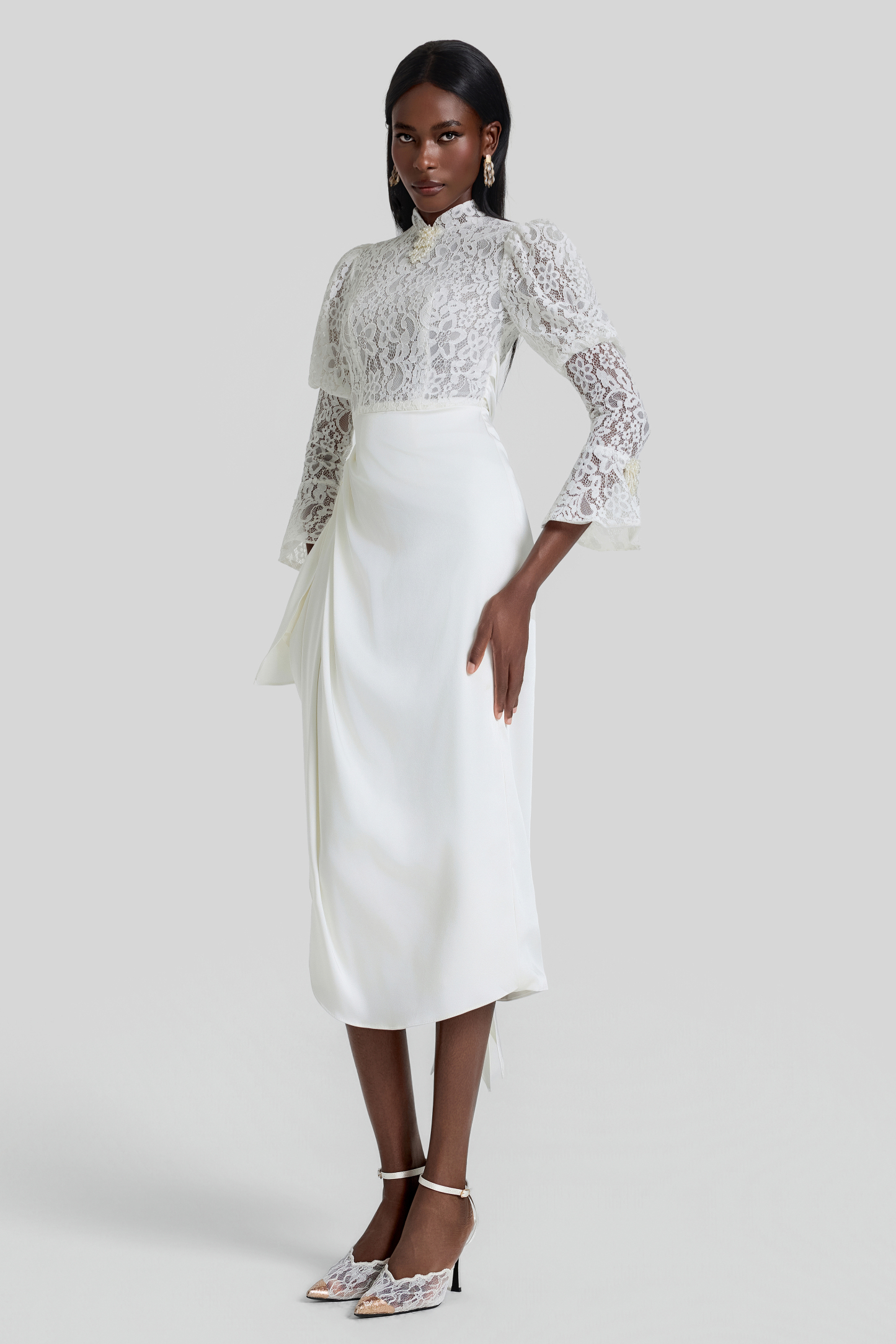 Lace Splicing Pleated Midi Dress
