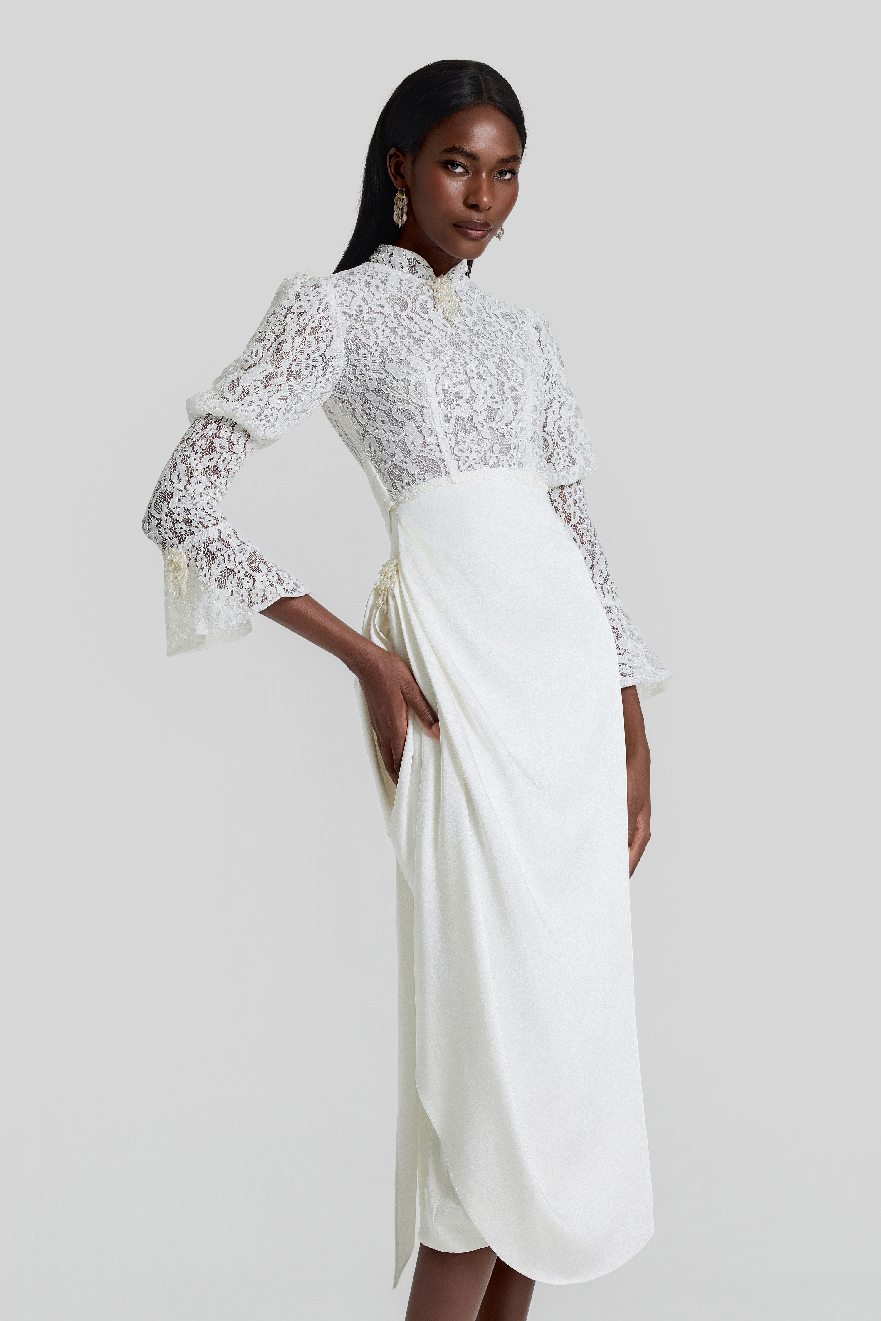 Lace Splicing Pleated Midi Dress