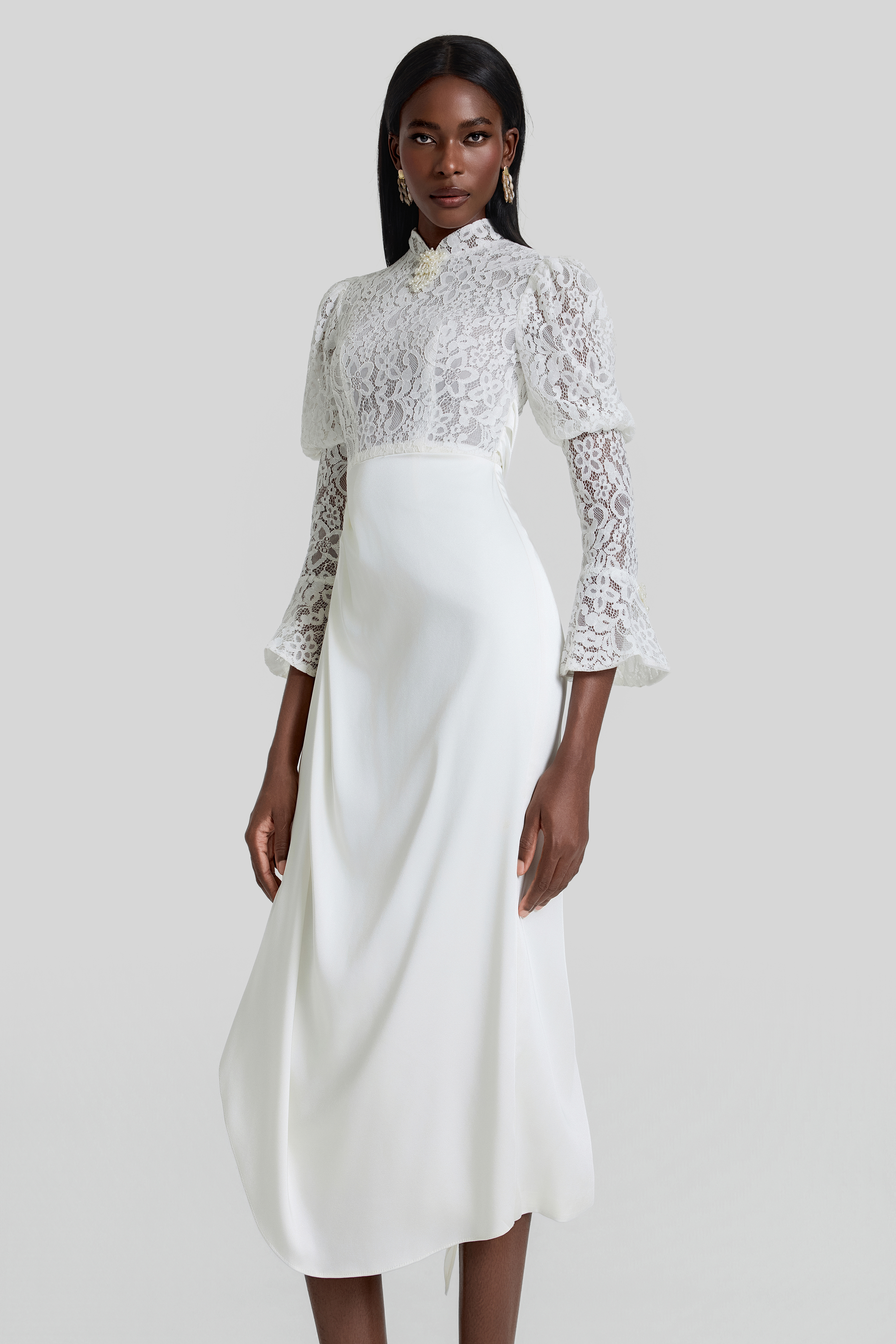 Lace Splicing Pleated Midi Dress