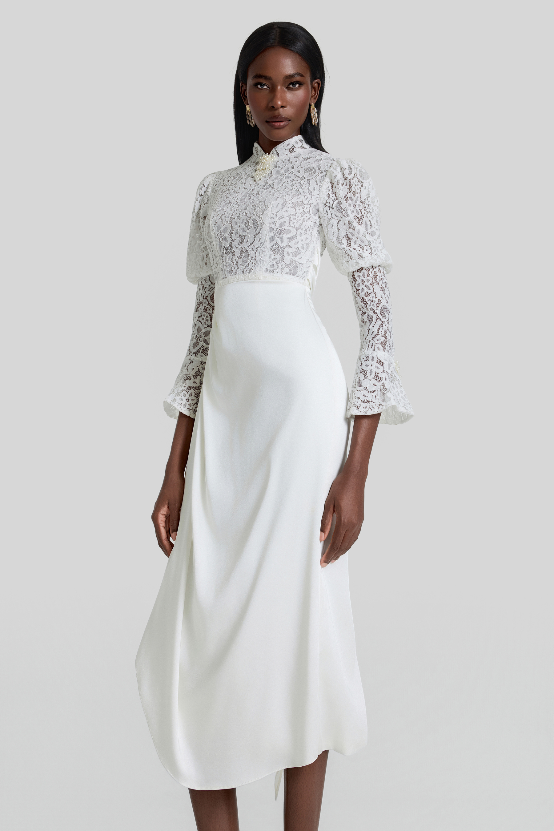 Lace Splicing Pleated Midi Dress