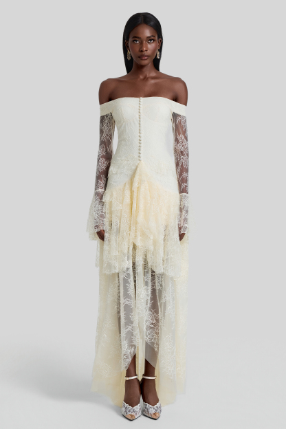 Lace Off Shoulder Ruffle Maxi Dress